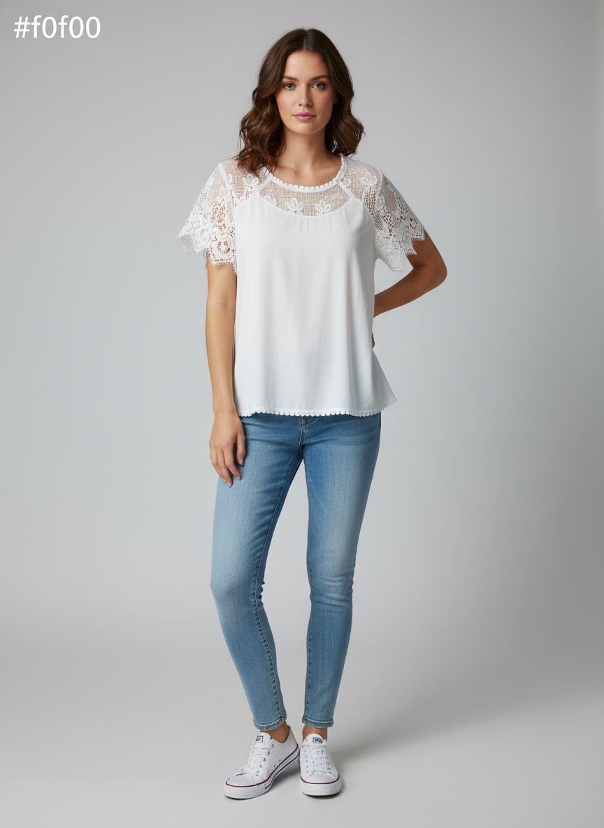 Blusa Manga Curta Detalhe Renda