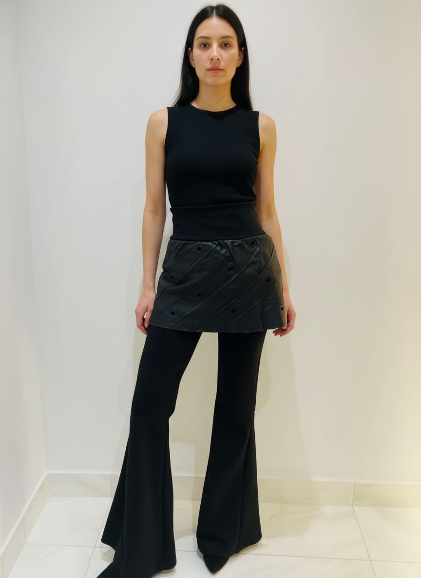 Calça Flare Detalhe Couro