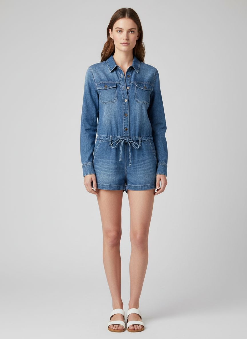 Macaquinho Jeans Manga Longa